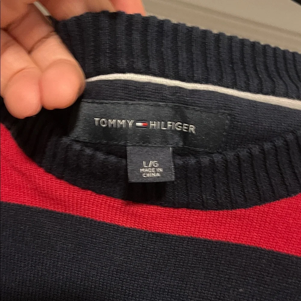 Tommy Hilfiger Men's Navy and Red Striped Crewneck Sweater - Picture 3 of 4